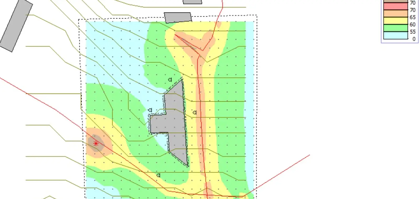 Mapa de ruído com curvas isofônicas gerado em modelagem acústica