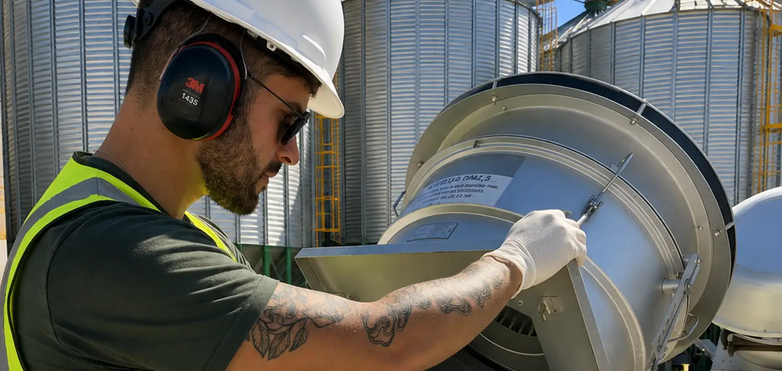 Técnico da GNR operando amostrador de grande volume (HIVOL) em unidade de silos