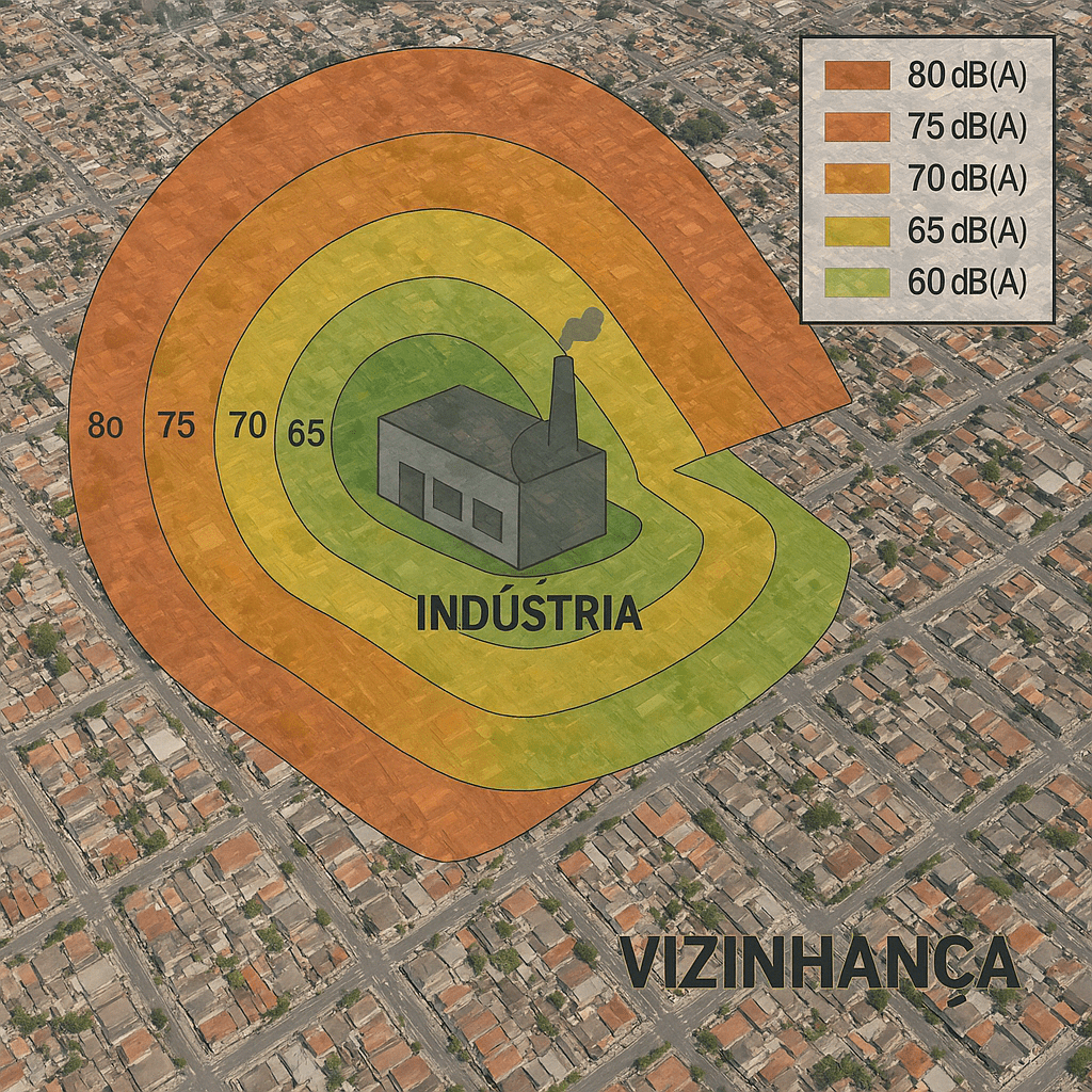 Mapa de ruído e simulação acústica realizados pela GNR Ambiental