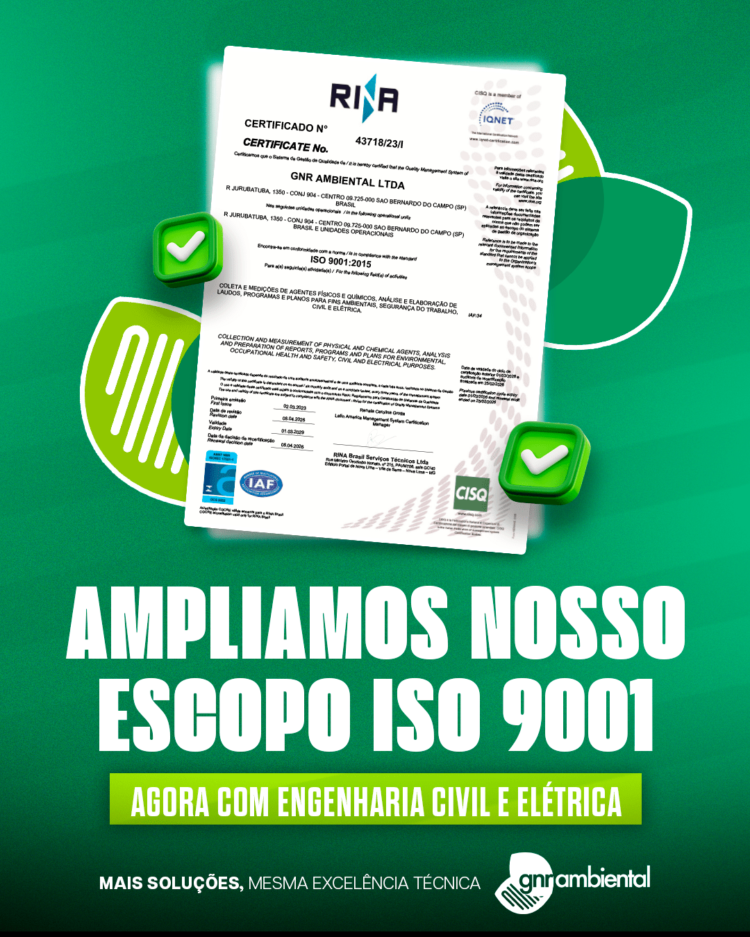 GNR Ambiental certificada ISO 9001 para inspeções elétricas e laudos técnicos
