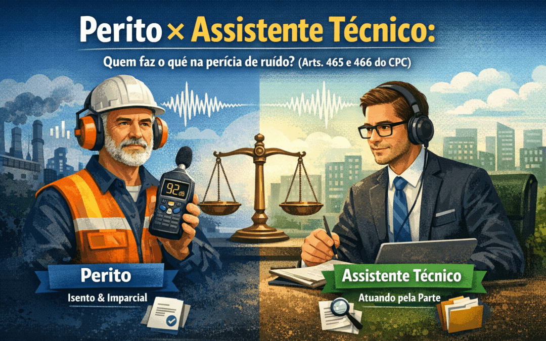 Perito × assistente técnico: quem faz o quê na perícia de ruído (arts. 465 e 466 do CPC)