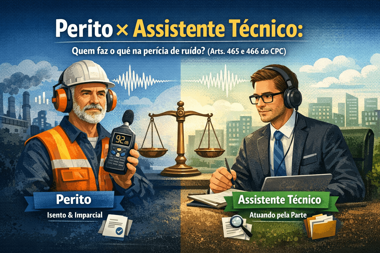 Perito × assistente técnico: quem faz o quê na perícia de ruído (arts. 465 e 466 do CPC)