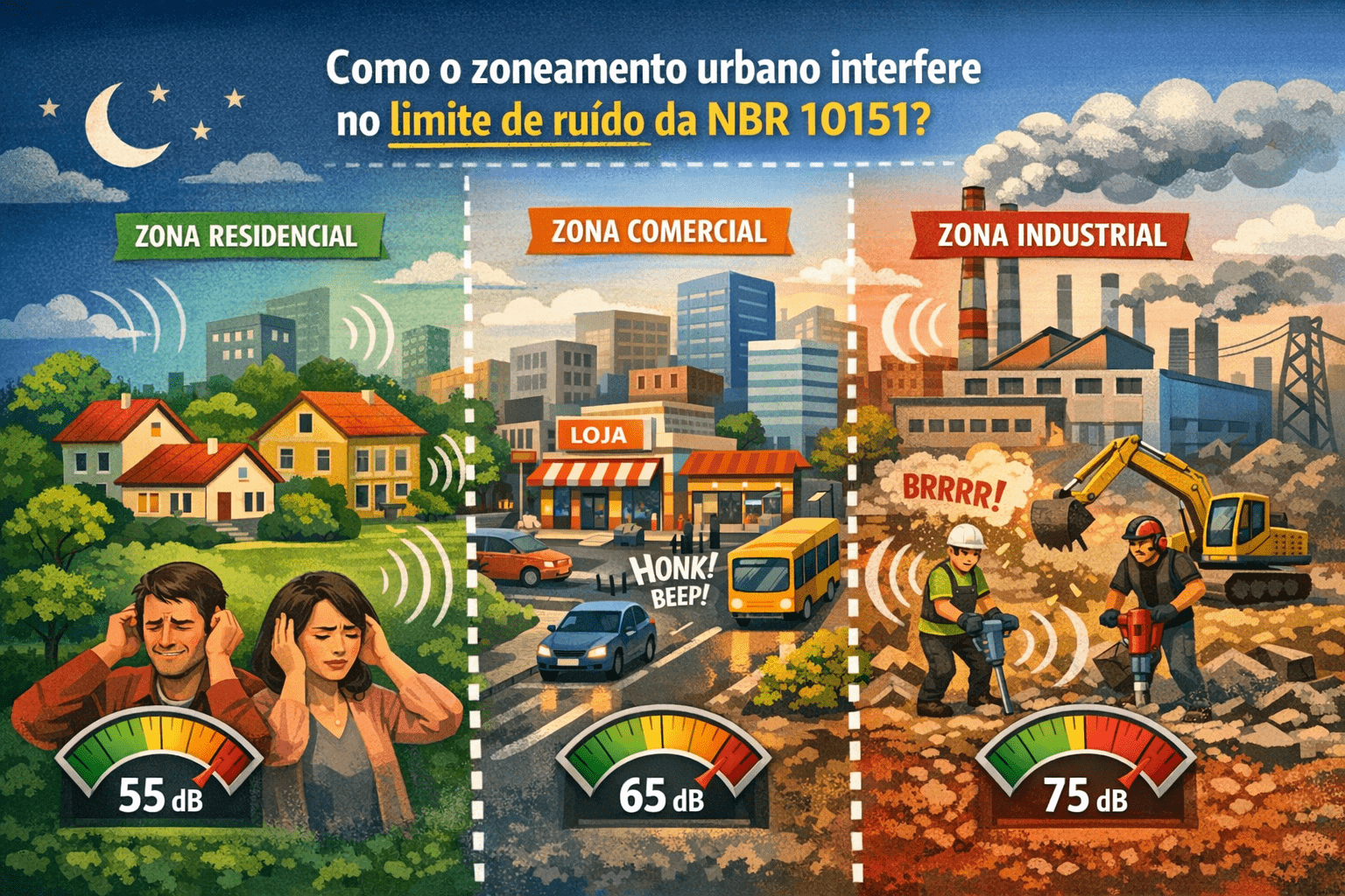 Como o zoneamento urbano interfere no limite de ruído da NBR 10151?