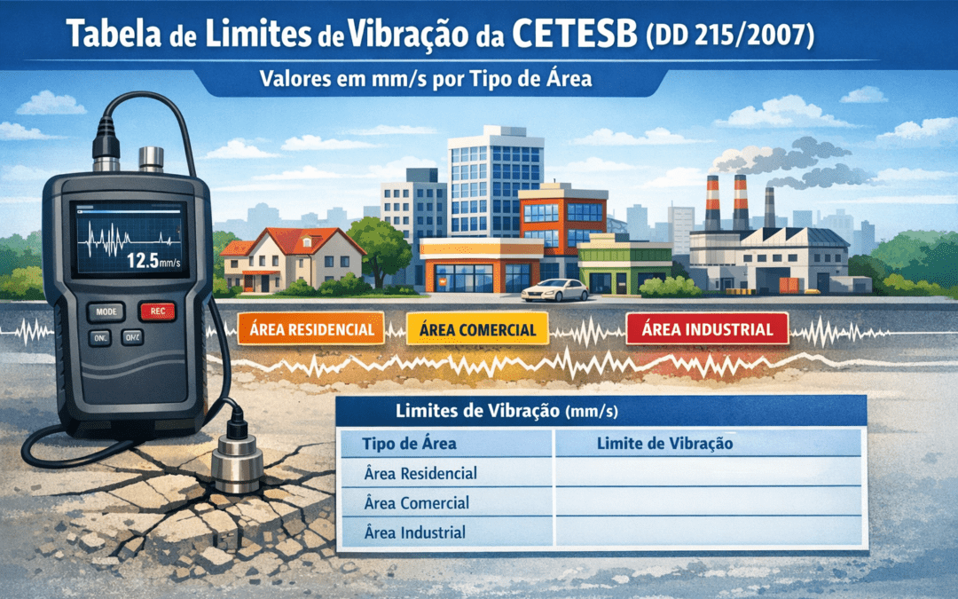 Tabela de limites de vibração da CETESB (DD 215/2007): valores em mm/s por tipo de área