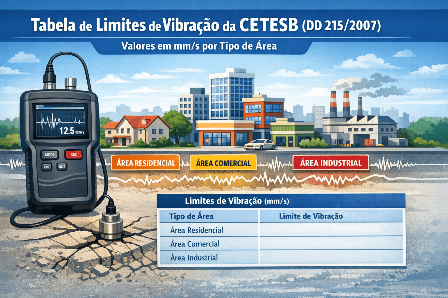 Tabela de limites de vibração da CETESB (DD 215/2007): valores em mm/s por tipo de área
